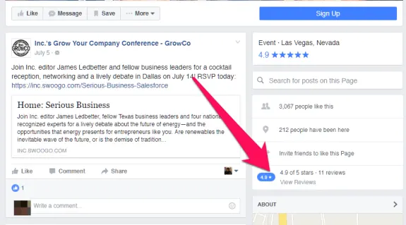 Facebook event page for Inc.'s Grow Your Company Conference with 4.9 rating.