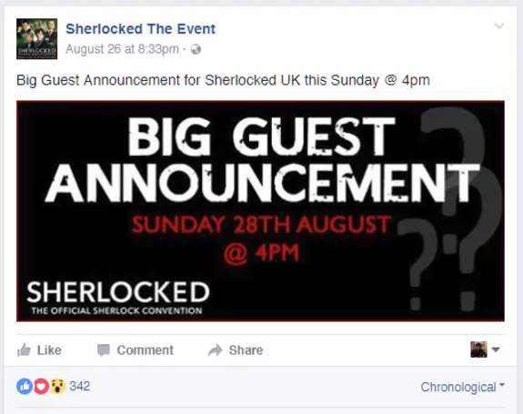 Sherlocked UK guest announcement for Sunday 28th August at 4pm event poster.
