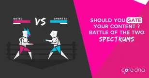 Infographic comparing gated vs ungated content with abstract figures in a boxing ring.