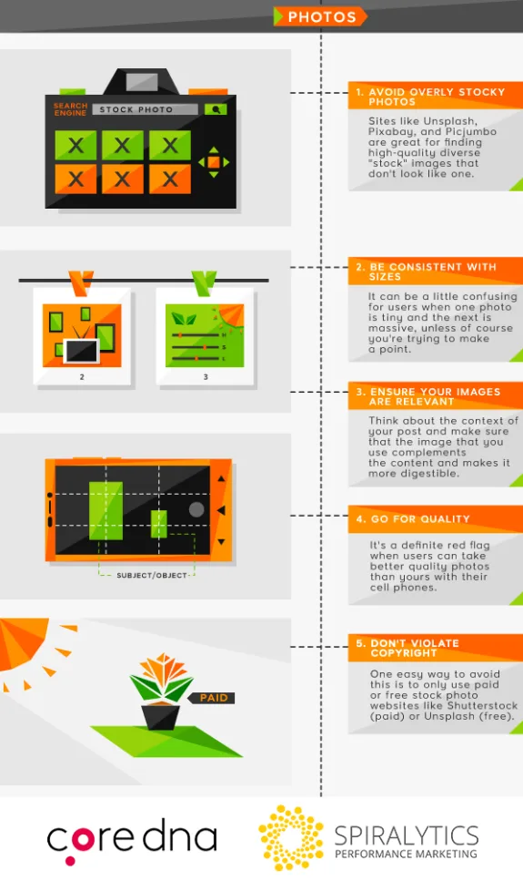 Infographic with five tips for using stock photos effectively for SEO.