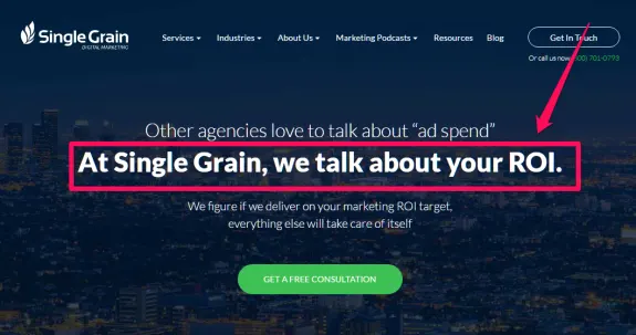 Single Grain digital marketing banner focusing on ROI and consultations.