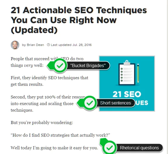 Article on 21 actionable SEO techniques with focus on bucket brigades, short sentences, and rhetorical questions.