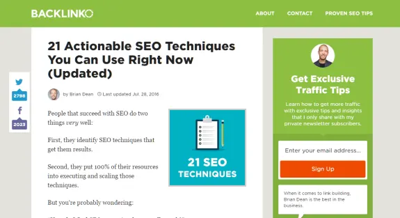 Backlinko page featuring 21 actionable SEO techniques guide updated in 2016.