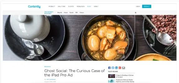 Contently article header with iPad Pro ad and food dishes on table