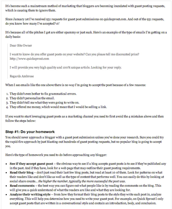 Screenshot of a blog post discussing guest post request emails and tips for bloggers.