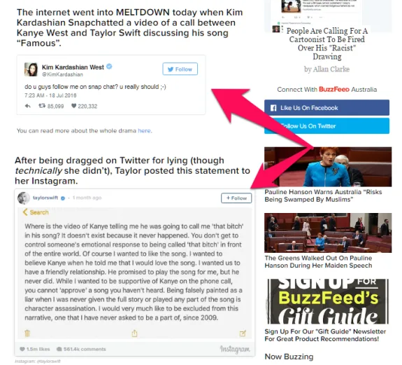 Screenshot of social media posts from Kim Kardashian and Taylor Swift amid 2016 Kanye West controversy.