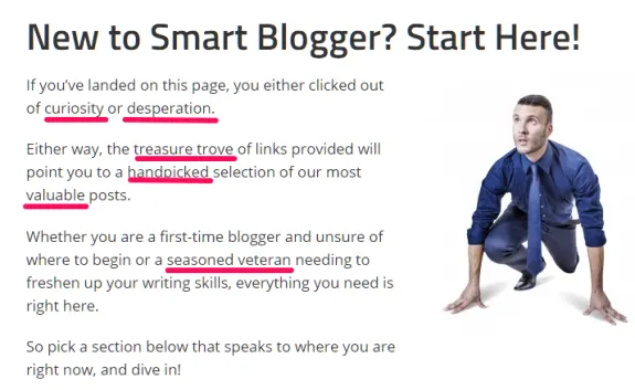 Person in blue shirt kneeling on ground with text about Smart Blogger guide for new users.