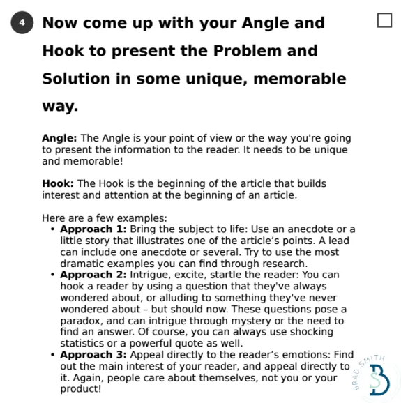 Guide on creating unique angles and hooks for articles with examples.