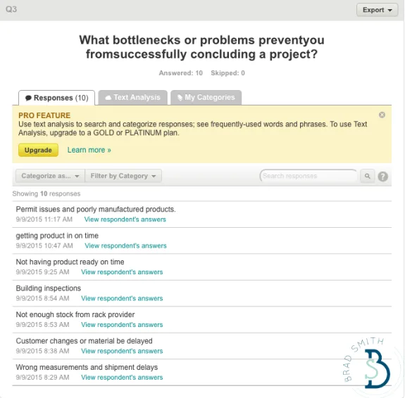 Survey results showing bottlenecks in project completion with responses and timestamps.