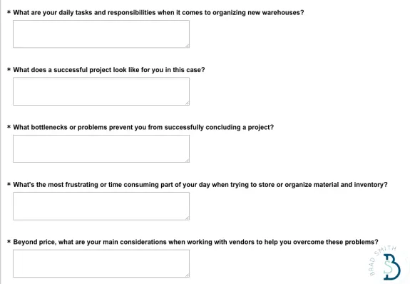 Form with questions about warehouse management tasks and challenges.