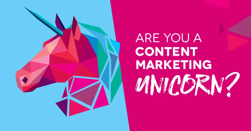 Geometric unicorn illustration with text asking if you're a content marketing unicorn on a blue and pink background.