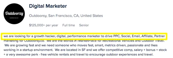 Digital marketer job listing for Outdoorsy in San Francisco offering $125,000+ per year.