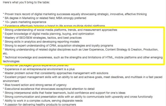 Highlighted section of digital marketing job requirements listing social media and technical skills.