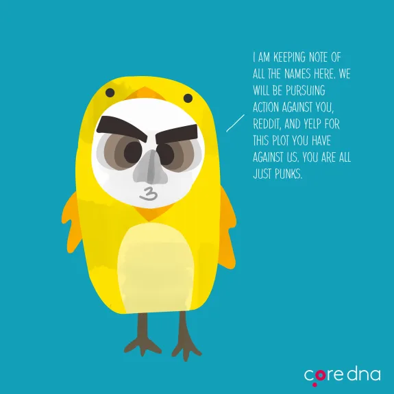 Cartoon bird with angry expression and speech bubble on blue background.