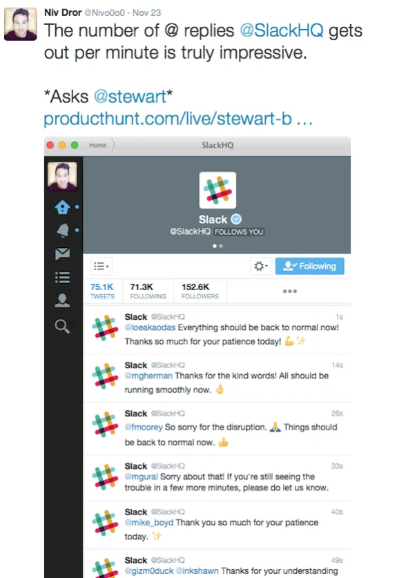 Screenshot of SlackHQ Twitter dashboard showing multiple replies per minute.