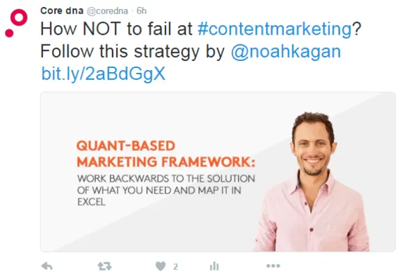 Tweet showing content marketing strategy by Core dna with a smiling man in a white shirt.