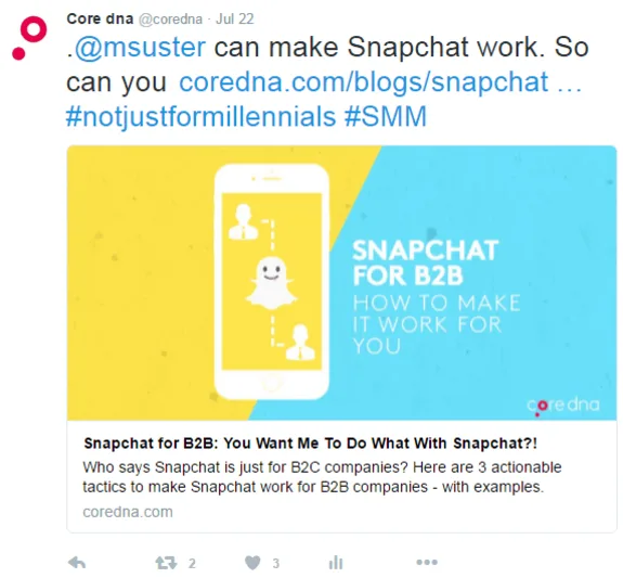 Social media post promoting Snapchat for B2B marketing with a phone and text overlay.
