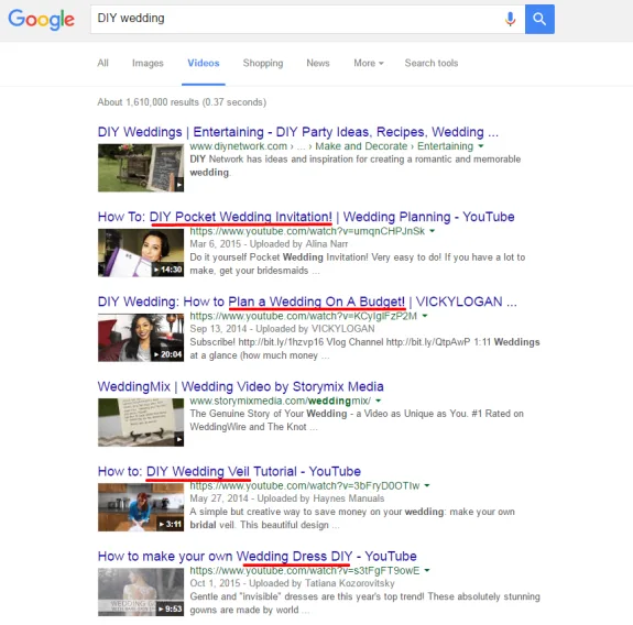 Google search results page for DIY wedding videos with various YouTube links.