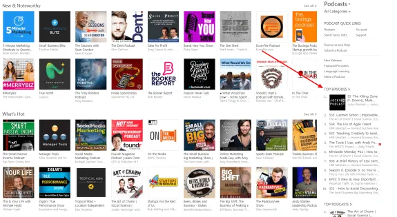 Podcast directory showing new and noteworthy and what's hot sections with various podcast covers.