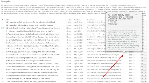 Screenshot of a podcast episode list highlighting an interview with Brian Moran on boosting conversions.
