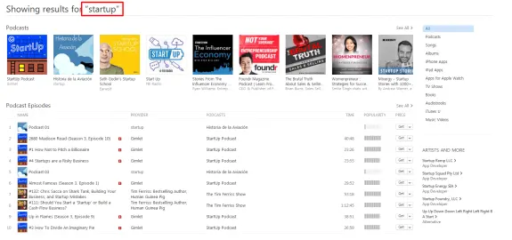 Search results for startup podcasts on iTunes with various podcast options displayed.