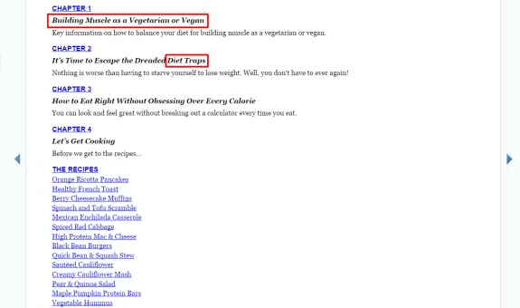 Table of contents of a vegetarian and vegan diet guide with chapters on muscle building and diet traps.