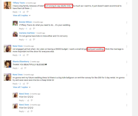 YouTube comments discussing wedding plans including adults-only invite and backyard wedding.