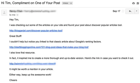 Email complimenting a blog post with links to articles, dated Sep 17.