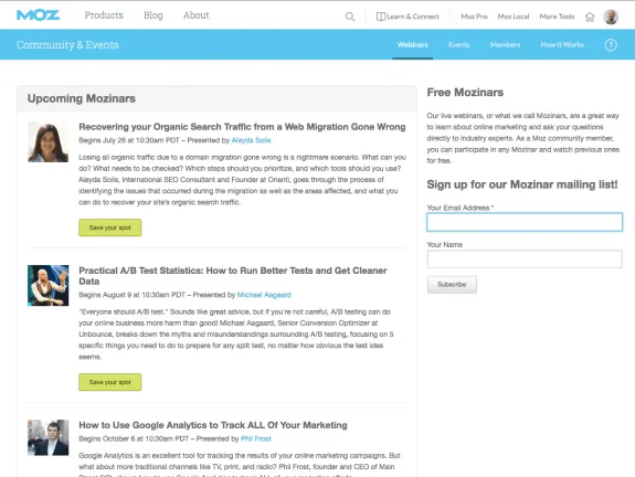 Moz webinar schedule with signup form for upcoming mozinars.
