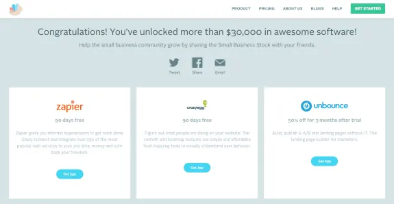 Image showcasing software discounts from Zapier, Crazy Egg, and Unbounce.