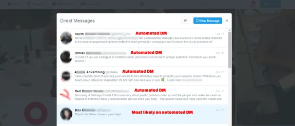 Twitter direct messages showing a list of likely automated DMs.