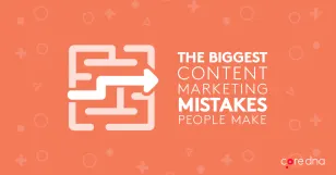 Graphic of content marketing mistakes on orange background with maze icon.