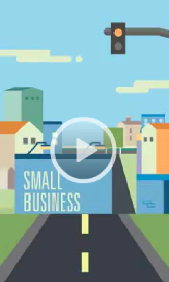 Illustration of a cityscape with a small business sign and traffic light.