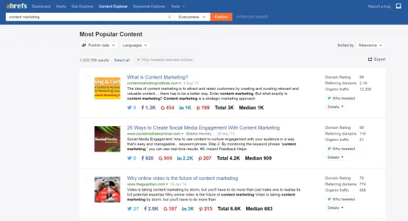 Ahrefs content explorer showing results for content marketing sorted by relevance.