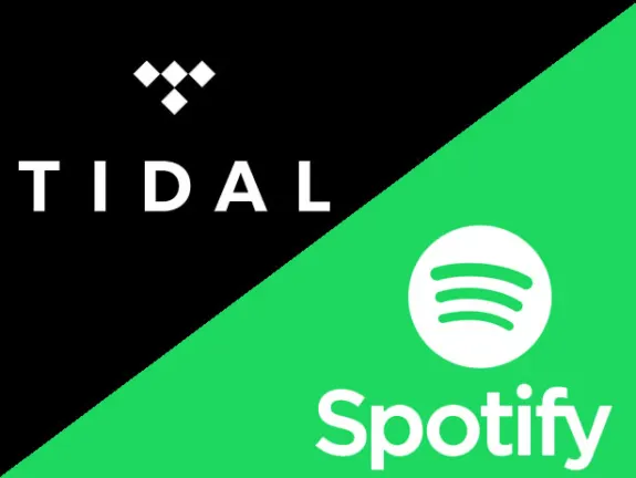 Tidal and Spotify logos side by side on black and green backgrounds