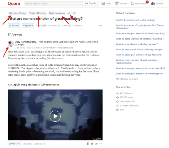 Quora page discussing examples of great marketing with user comments and related questions.