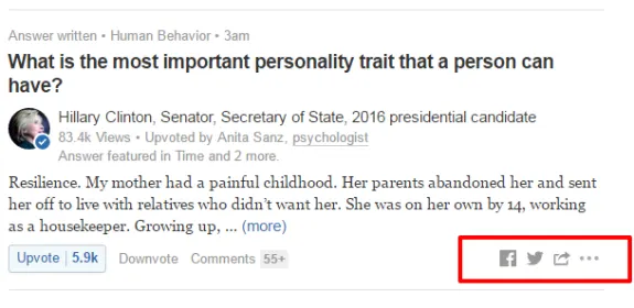 Quora post discussing important personality traits with social sharing options.