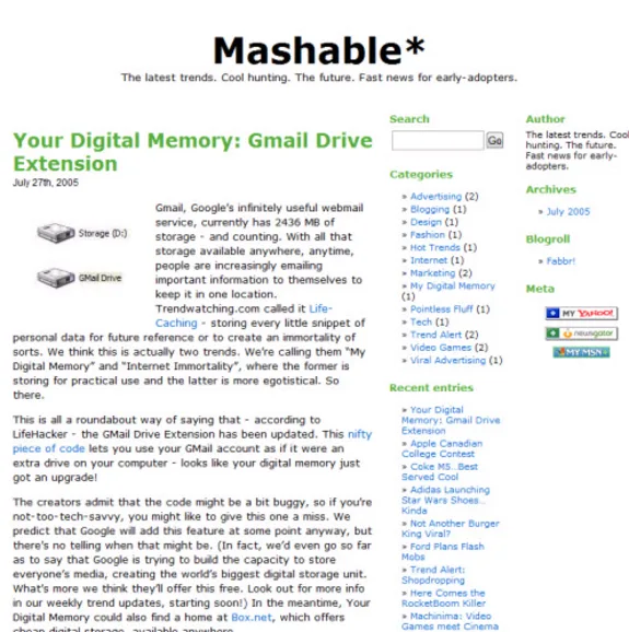 Mashable article titled 'Your Digital Memory: Gmail Drive Extension' from July 2005.