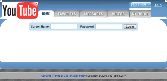 YouTube 2005 login screen showing username and password fields.
