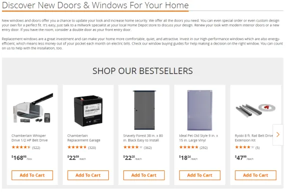 Home door and window products with bestseller items like Chamberlain garage opener and Ideal Pet vinyl.