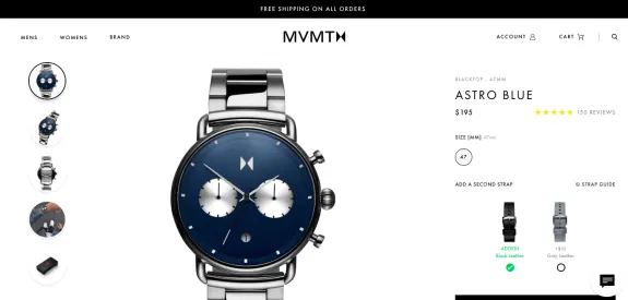 MVMT Astro Blue watch with blue dial and metal strap front view.