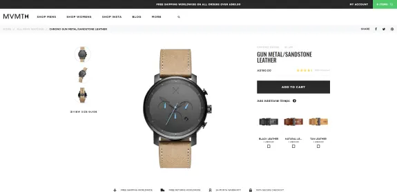 MVMT gun metal watch with sandstone leather strap displayed on product page