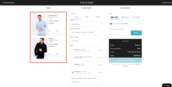 Online shopping bag page showing delivery and payment options with items selected.