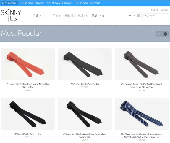 Most popular skinny ties collection with various colors and styles.