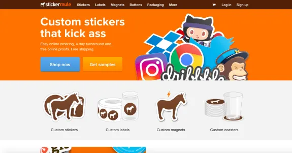 Sticker Mule homepage showcasing custom stickers, labels, and magnets.