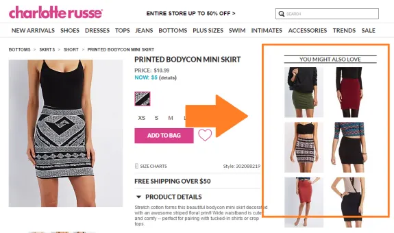 Charlotte Russe printed bodycon mini skirt product page showcasing skirt details and related items.