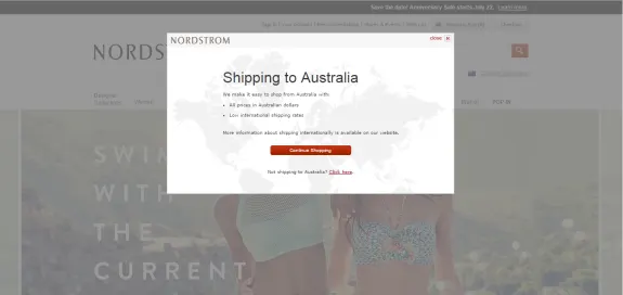 Nordstrom shipping to Australia popup with continue shopping button.
