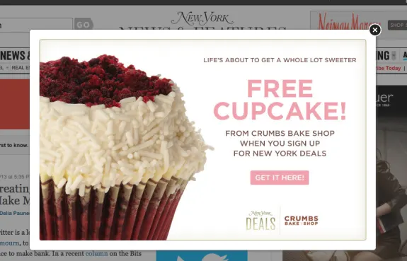 Free cupcake offer from Crumbs Bake Shop for signing up for New York deals.
