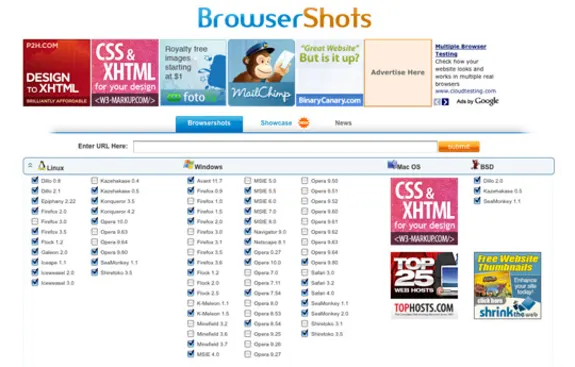 Browsershots website interface showing browser testing tool options.