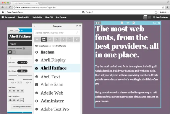 Typecast interface displaying web font selection and styling options.
